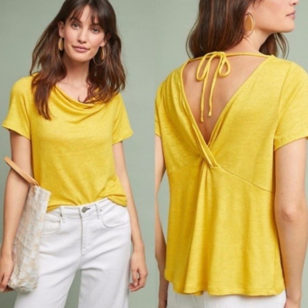 100% Linen Top Women's Medium Mustard Yellow Cowl Neck Tie Back Short Sleeve